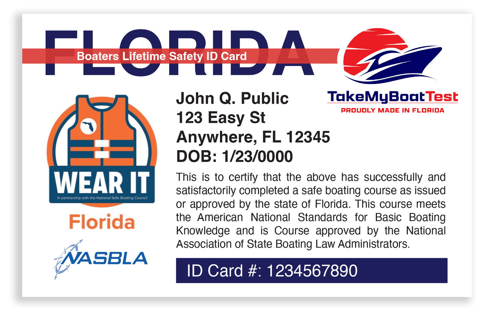 Sample Florida Boating Safety Education ID Card issued after passing the course