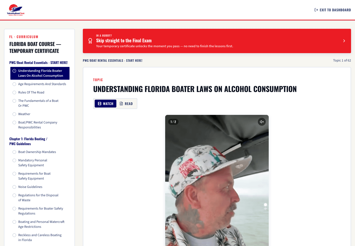 The Take My Boat Test course player — video lessons with a full curriculum sidebar