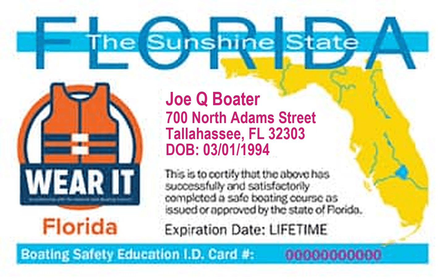 Sample Florida Boating Safety Education I.D. Card issued after passing the course