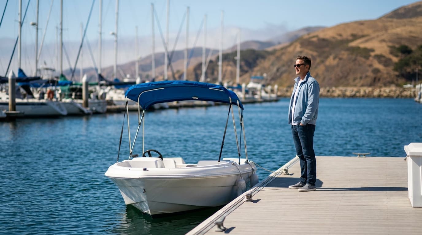A rental powerboat at a California marina dock with coastal hills in the background