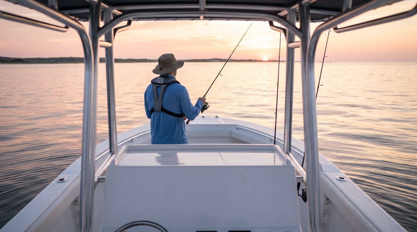 An angler wearing a life jacket holding a rod on the bow of a center console fishing boat at sunrise
