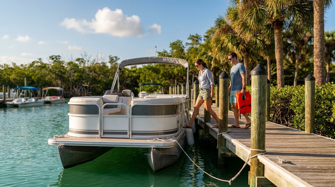 A rental pontoon boat tied at a Florida marina dock with palm trees and turquoise water