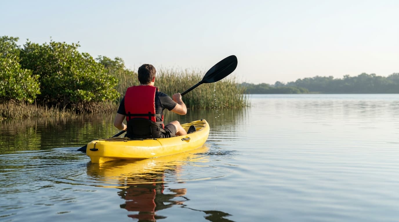 A kayaker paddling a sit-on-top kayak through calm coastal water wearing a life jacket