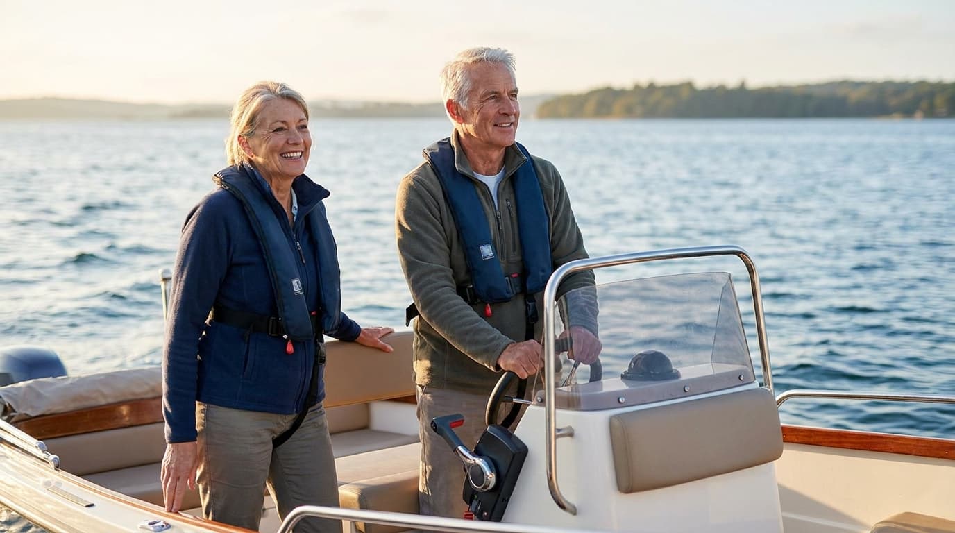 An active older couple at the helm of a small motorboat wearing life jackets